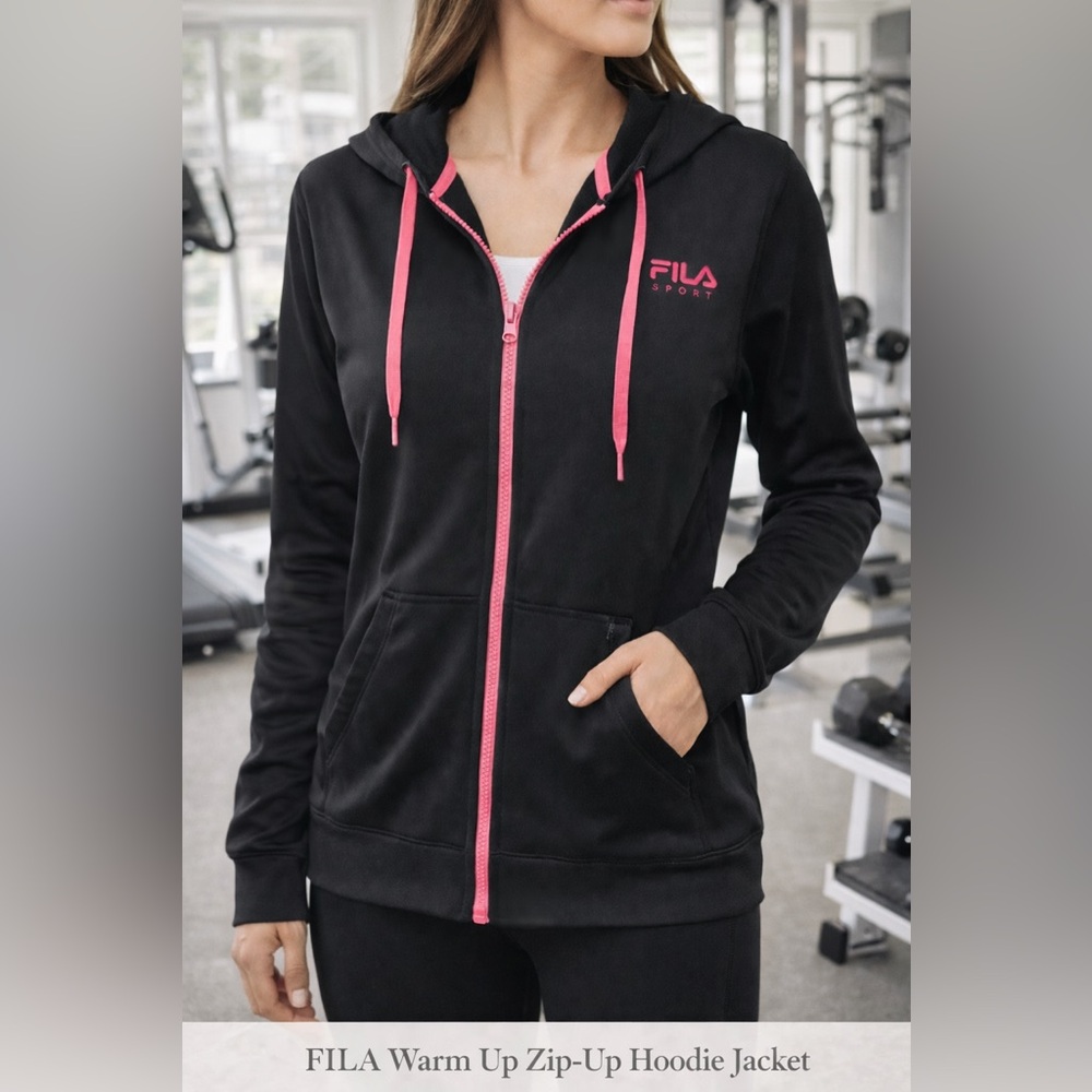 FILA Warm Up Zip-Up Hoodie Jacket – Black with Pink Accents | Size M